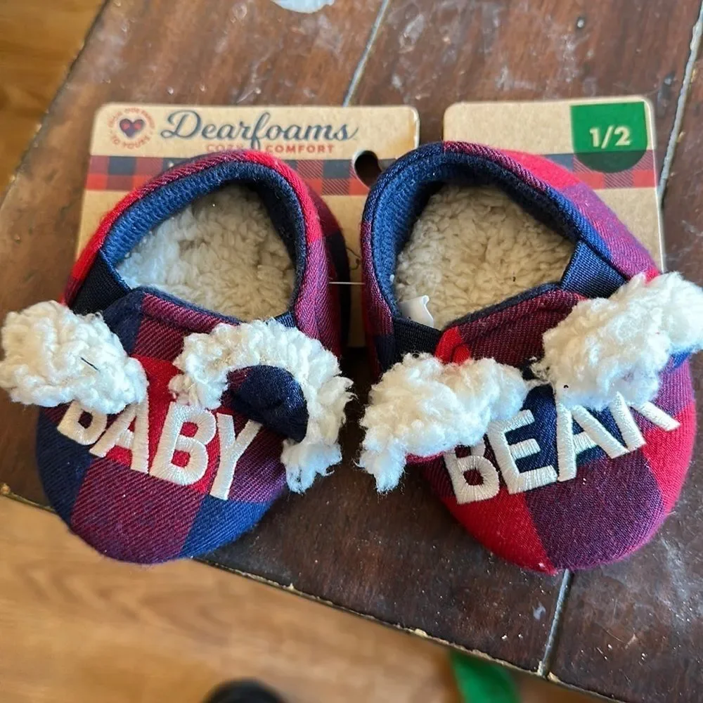 Dearfoams Baby Bear Slippers Blue Red Plaid Check Kids Size 1/2 Cozy Fuzzy